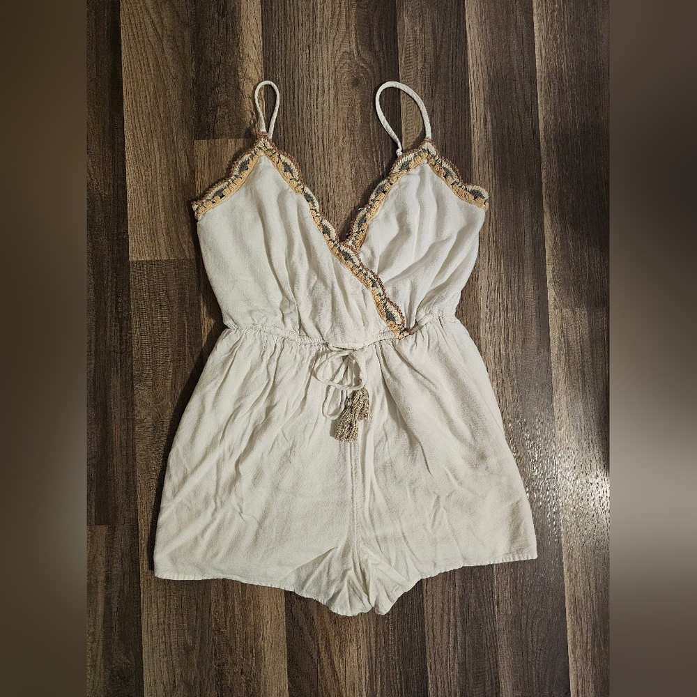 American Eagle Outfitters Cream Romper with Crocheted Accents